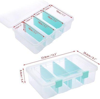 BTSKY Clear Plastic Dividing Storage Box with 4 Compartments Adjustable Storage Bin with Lid Plastic Craft Storage Container Multipurpose Sewing Box Art Supply Organizer, 13.3x8.1x3.4 Inches