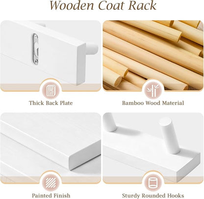 Coat Rack Wall Mount, Wooden Coat Hanger with 5 Hooks, Heavy Duty, White, 1 Pcs