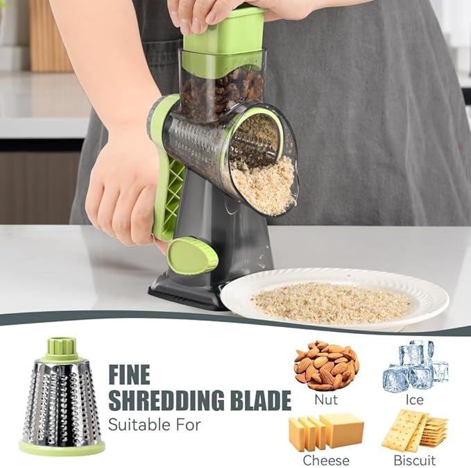 KEOUKE Rotary Cheese Grater Pro 6 in 1 - Shredder Crinkle Slicer Grinder Ice Shaver, Stable Suction, Time-saving Easy Use & Clean, Safe Morden Kitchen Tool for Cheese, Vegetable, Nuts, Chocolate