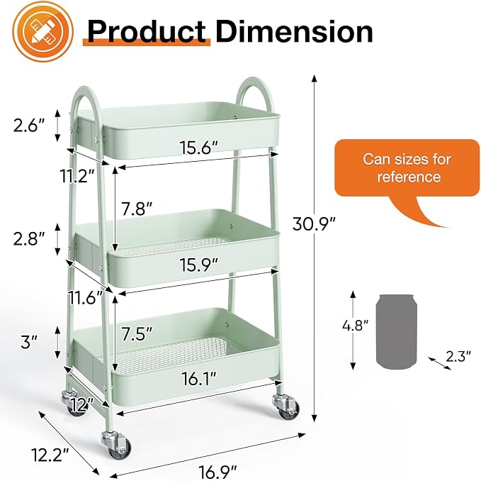NEWBULIG 3-Tier Metal Rolling Storage Cart, Heavy Duty Mobile Utility Organizer Shelf with Lockable Wheels, Multifunctional Trolley for Daily Supplies, Home Indoor Daily Use, Green