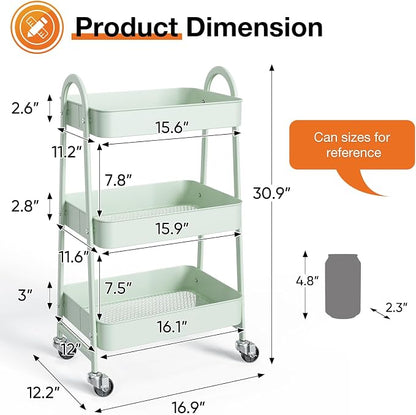 NEWBULIG 3-Tier Metal Rolling Cart with Lockable Wheels, Heavy Duty Mobile Utility Storage Shelf, Roller Book Snack Cart, Organization for Livingroom, Bathroom, Office, Green