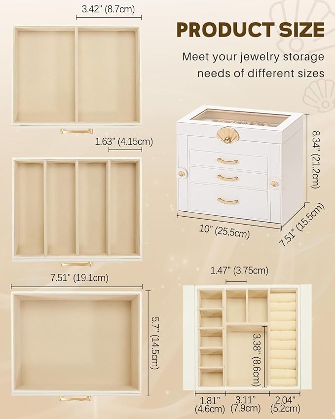 Jewelry Box with 3 Drawers: Display Organizer for Earrings Necklaces - Gift for Girls Women (White)
