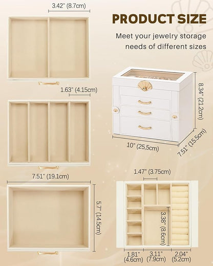 Jewelry Box with 3 Drawers: Display Organizer for Earrings Necklaces - Gift for Girls Women (White)