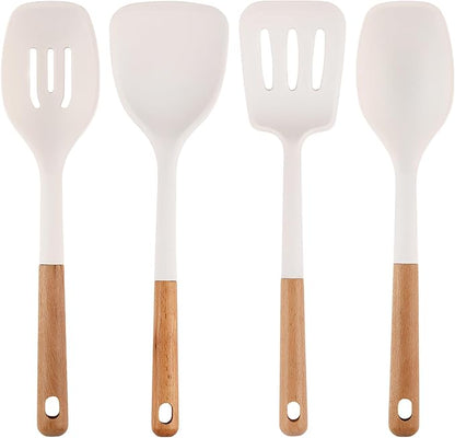 IOCBYHZ Silicone Kitchen Utensils Set of 4, Large Non-Stick Cooking Utensil Set w Wooden Handle Food Grade Heat Resistance Turner Spoon Silicone Cooking Kitchen Gadgets BPA Free for Nonstick Cookware