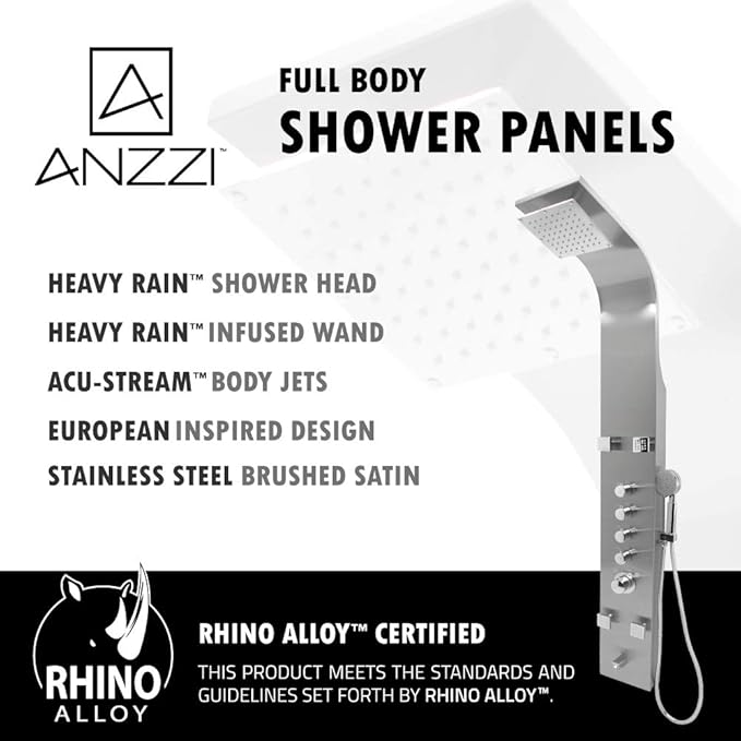 ANZZI Shower Head Panel Tower, Echo Brushed Steel Stainless Steel Metal, 4 Turbo Jetted & Multi Functional, High Pressure Jet + Rainfall + Handheld Wand Attachment Combo, Wall Mount (SP-AZ022)