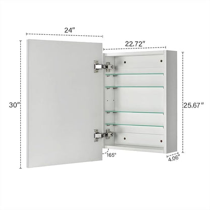 TEHOME 24'' x 30'' Chrome Recessed and Surface Mount Bathroom Medicine Cabinet with Mirror Square Cornered Metal Framed Rounded Rectangle Medicine Cabinet Mirror
