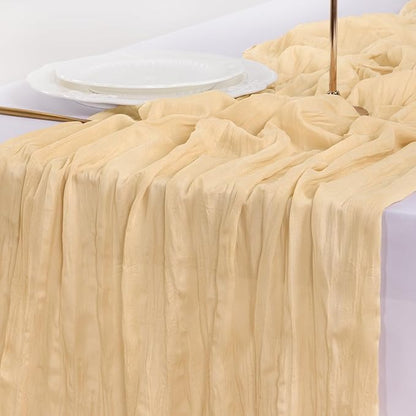 Socomi 6pcs Gold Champagne Cheesecloth Table Runner Valentine's Day Boho Rustic Gauze 120 inch 10FT Cheese Cloth Runner for Wedding Party Baby Shower Birthday Home Decor Holiday Decorations