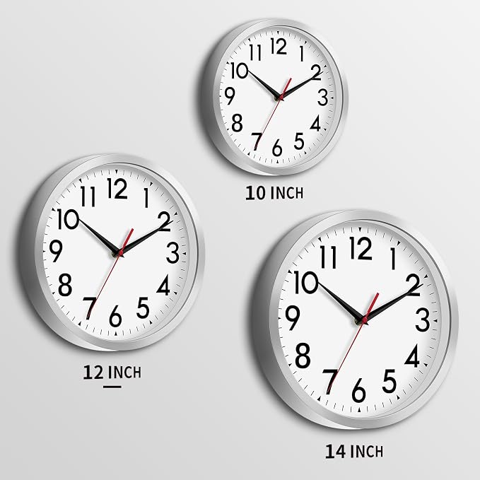 DAXSMY 12 Inch Wall Clock Battery Operated Silent Non Ticking Analog Modern Decorative for Office Kitchen Outdoor Living Room Classroom Bedroom Bathroom School(Silver)