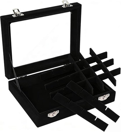 Velvet Jewelry Box 24 Grid Jewelry Earrings Display Organiser Box Ring Tray Holder Earrings Storage Case for Girls Women Wife Mom (Black)