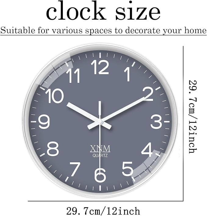 XNM 12 Inch Grey Modern Minimalist Wall Clocks Battery Operated Silent Non Ticking Classic Analog Clock for Living Room Bedroom Decor