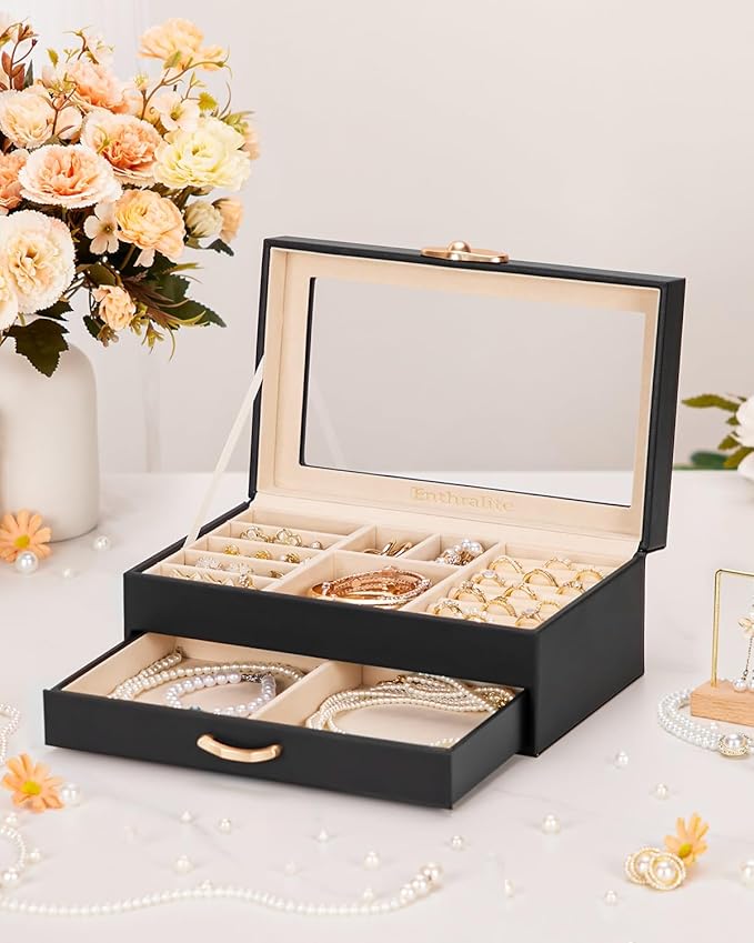 Jewelry Box with 1 Drawers: Display Organizer for Earrings Necklaces - Gifts for Girls Women (Black)
