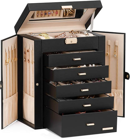 Homde Jewelry Box Large for Women: 6 Layers 5 Drawers Organizer with Mirror for Ring Earring Necklace - Storage Holder with Lock for Dresser (Black)