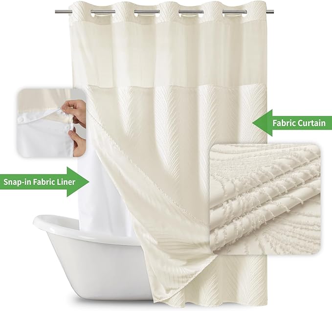 Cream No Hook Tufted Shower Curtain with snap-in Liner for Bathroom, Boho Farmhouse Style with See Through Top Window, no Hook Shower Curtain and Liner Set, Beige/Cream, 71Wx74H