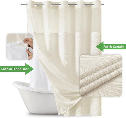no Hook Shower Curtain and Liner Set，Boho Style with See Through Top Window, Cream Fabric Tufted Striped Textured Outer Curtain & Waterproof Inner Liner, Beige/Cream, 71Wx86H