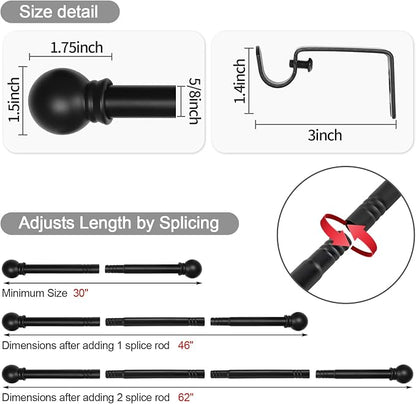 Thestoa Black Curtain Rods 2 pack for Windows 30-62 inch Adjusts Length by Splicing, 5/8" Diameter Matte Black Small Curtain Rods for Bedroom, Living Room, Kitchen, Outdoor, Farmhouse