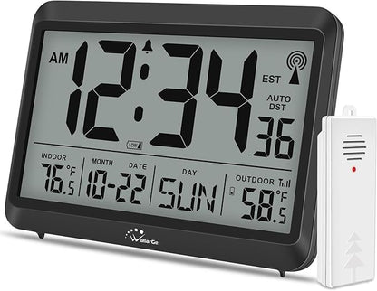 WallarGe Atomic Clock with Indoor Outdoor Temperature - 8.5'' Digital Clock Battery Operated, Self-Setting, 4 Time Zones, DST