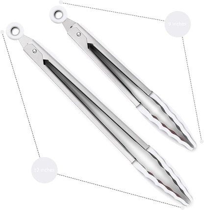 2 Pack Silicone Kitchen Tongs – 9" & 12" Set, Heat Resistant up to 500°F, Non‑Stick Cookware Safe, Wavy Silicone Tips, BPA Free, Locking Clip & Hanging Loop, Light Grey