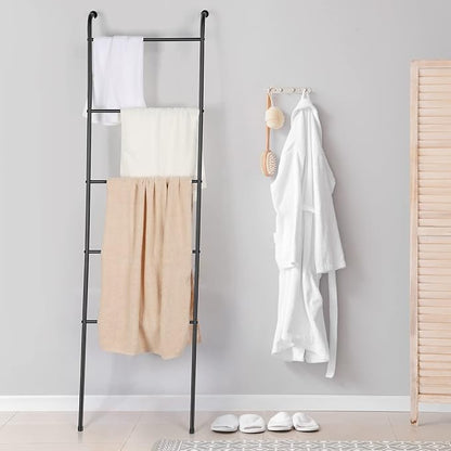 Towel Blanket Ladder Black Metal Blanket Ladder Holder Industrial 5 Tier Wall Leaning Ladder Rack for Bathroom Living Room Laundry Room (Matte Black)