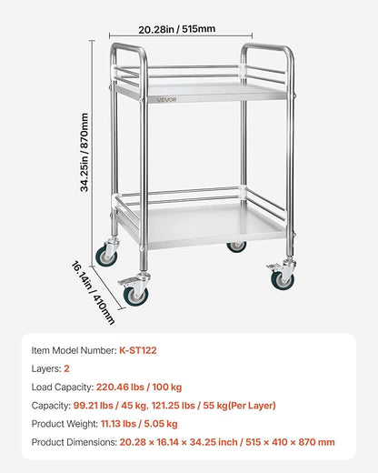 VEVOR Stainless Steel Rolling Cart, 2-Tier Metal Utility Cart with Lockable Wheels, Medical Serving Trolley Clinic Tray, Mobile Service Cart for Hospital, Lab, Restaurant, Kitchen, Salon