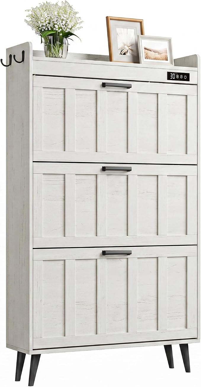 ChooChoo Shoe Storage Cabinet with 3 Flip Drawers, Deodorizing Shoe Organizer Storage for Entryway, Freestanding Hidden Slim Narrow Shoe Rack Cabinet, Antique White