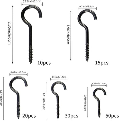 125 Pieces of Screw Cup Hook Set 5 Sizes Ceiling Small Hooks Wardrobe Decoration Hanging Accessories for Hanging Outdoor or Indoor use (0.98" 1.41" 1.57" 1.96" 2.36") (Black)