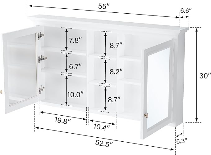 WELLFOR 55 x 30-in Bathroom Cabinet with Double-Side Mirrors, Wall Mounted Wood Mirror Storage Cabinet with 2 Soft-Close Door/ 6 Solid Wood Shelves, Anti-Fog Glass, Z-bar Hangs Vertically, White