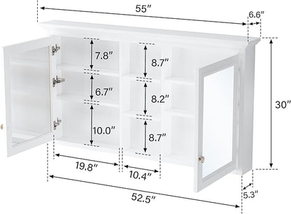 WELLFOR 55 x 30-in Bathroom Cabinet with Double-Side Mirrors, Wall Mounted Wood Mirror Storage Cabinet with 2 Soft-Close Door/ 6 Solid Wood Shelves, Anti-Fog Glass, Z-bar Hangs Vertically, White