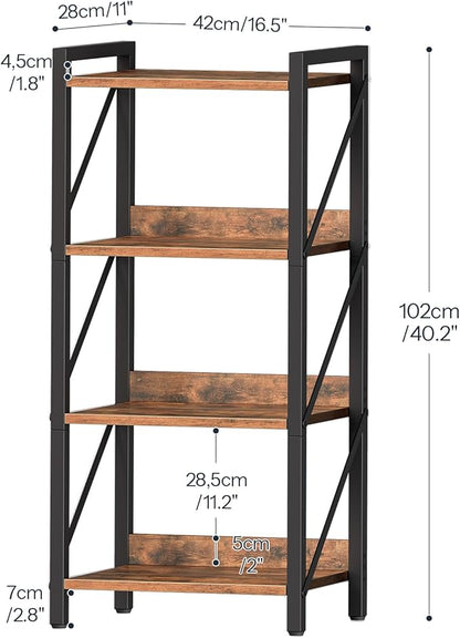 HOOBRO Bookshelf, 4-Tier Industrial Bookcase, Book Shelf Storage Organizer, Small Bookshelf with Metal Frame for Living Room, Bedroom, Home Office, Kitchen, Rustic Brown and Black BF40SJ01