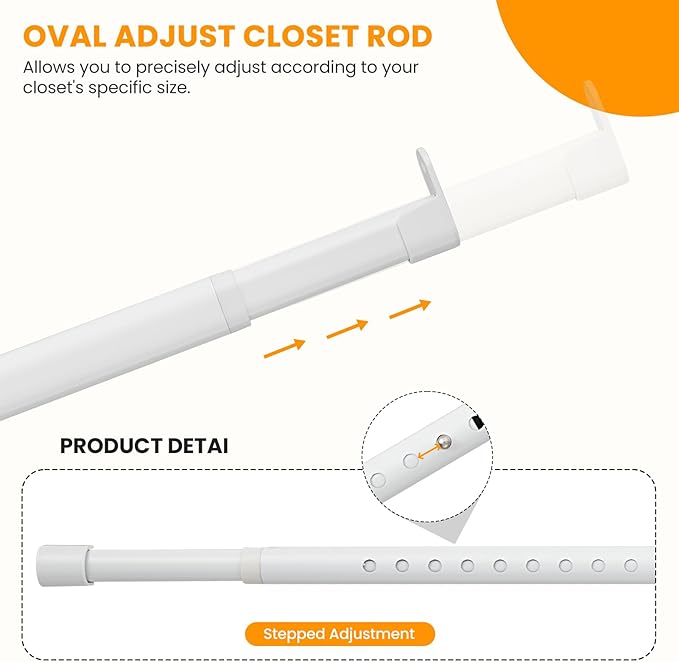Oval Closet Rod for Hanging Clothes Adjustable Closet Rods 18 to 63 Inch Heavy Duty White Poles Bar Closet Rod Expandable for Wardrobes Laundry RV