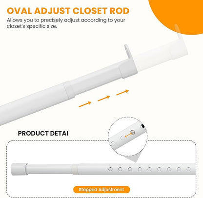 Oval Closet Rod for Hanging Clothes Adjustable Closet Rods 18 to 63 Inch Heavy Duty White Poles Bar Closet Rod Expandable for Wardrobes Laundry RV