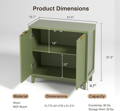 Fluted Cabinet with Storage, 2 Doors Sideboard Buffet, Mid Century Modern Accent Cabinet with Adjustable Shelves, Multifunctional Console Table with Storage for Living Room, Kitchen, Entryway, Green