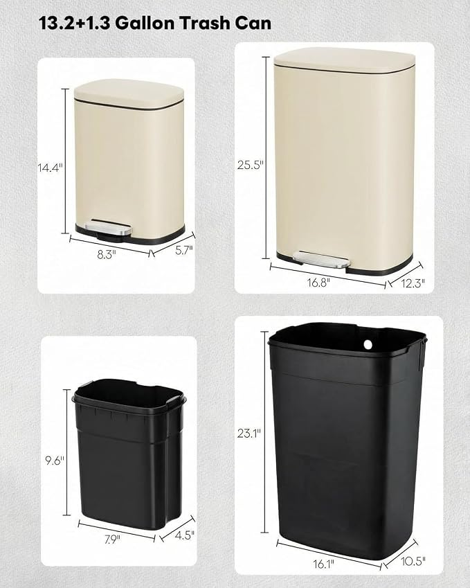 ComfyCorner 13.2+1.3 Gallon Trash Can Combo Set, Stainless Steel Garbage Bin with Pedal, Removable Inner Waste Bucket, Anti-Fingerprint, Soft-Close Locking Lid Dustbin for Kitchen, Bathroom, Office