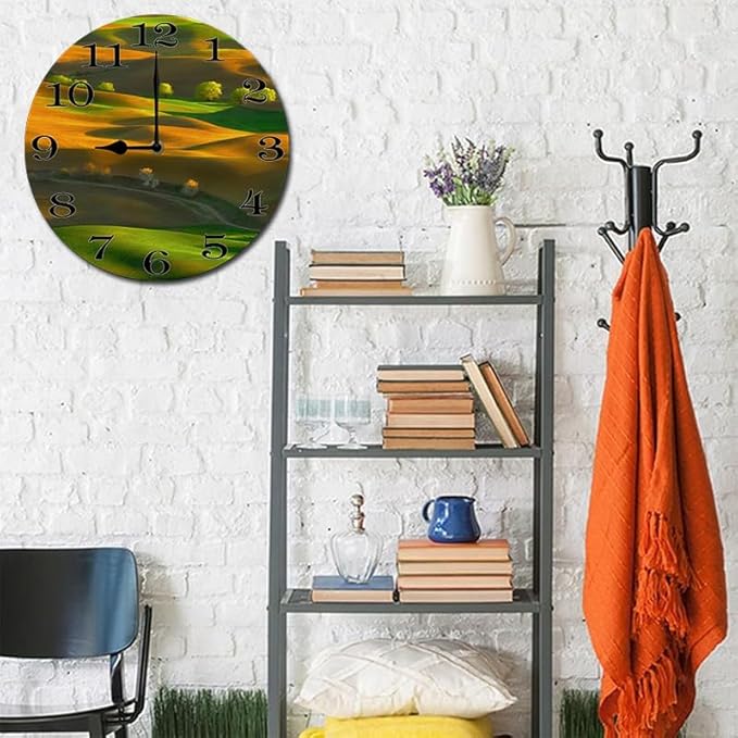 Lawn Scenery Wall Clock 10 Inch Silent Non Ticking Battery Operated Wooden Modern Office Simple Minimalist Clock Decorative for Kitchen Home Bathroom Living Room