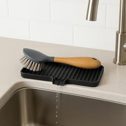 Happitasa Silicone Soap Dish Tray and Sponge Holder with Drain Chute | Bathroom and Kitchen Sink Organizer Caddy (Grey, 9"x3.5", 5.6 Ounces)
