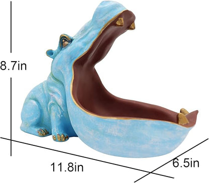 aboxoo Hippo Statue Home Resin Hippopotamus Figurine Fun Candy Dish,Key Bowl,Big Mouth Sculpture Table Art Decoration Sundries Container Storage Box (Light Blue)