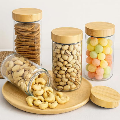 TBWIND 4 Pack 24oz Glass Jars with Bamboo Lids, Spoons, Airtight Overnight Oats Containers, Wide Mouth Mason Jars, Food Storage Container for Yogurt Salad Snacks Spice Sugar Meal Prep – Reusable
