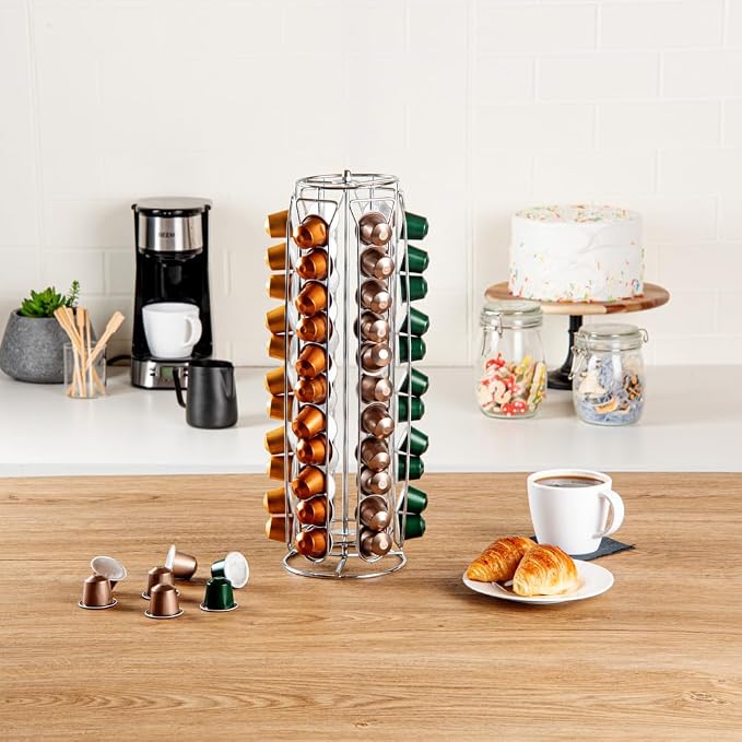 Restaurantware Restpresso 5.1 x 16.3 Inch Coffee Capsule Holder 1 Durable Pod Carousel - Holds 60 Nespresso Capsules 360-Degree Rotatable Iron Espresso Pod Organizer Pods Not Included