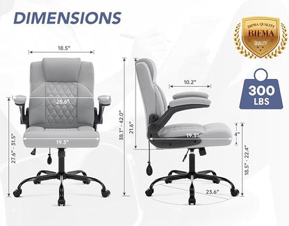 Office Chair with Adjustable Inflatable Lumbar Support,Leather Ergonomic Computer Desk Chair with Flip-up Arms,Adjustable Tilt Lock,Swivel Rolling Executive PC Chair for Work,Study,Meeting.Grey