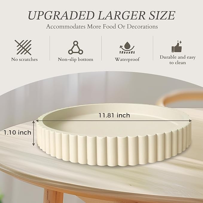 13" Round Concrete Tray for Coffee Table Decor,Modern Gray Centerpiece Decorative Home Table Serving Tray for Living Room,Office,or Dining Room - Durable and Stylish (Cream)