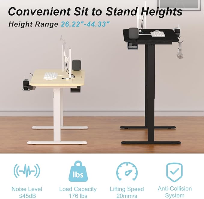Electric Standing Desk With Cable Management Tray,48x24 Inch Adjustable Height Sit Stand Desk,With Memory Presets & Anti-Collision Computer Desk,For Office,Home,Light Wood Top&White Frame