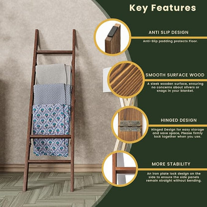 Decorative Foldable Wooden Blanket Ladder, 6-Tier Pine Wood Quilt Ladder 68" — Easy Assembly, Anti-Slip, Farmhouse Decor Rack Stand for Living Room, Bedroom Bathroom (Brown)