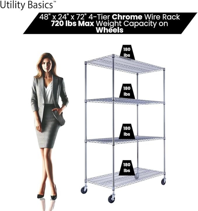 Utility Basics NSF Commercial 4-Tier Wire Shelving with Wheels, 48"x24"x72" Heavy Duty Metal Shelves 3200 lbs Max Capacity, Chrome Storage Rack for Garage Kitchen Pantry Warehouse