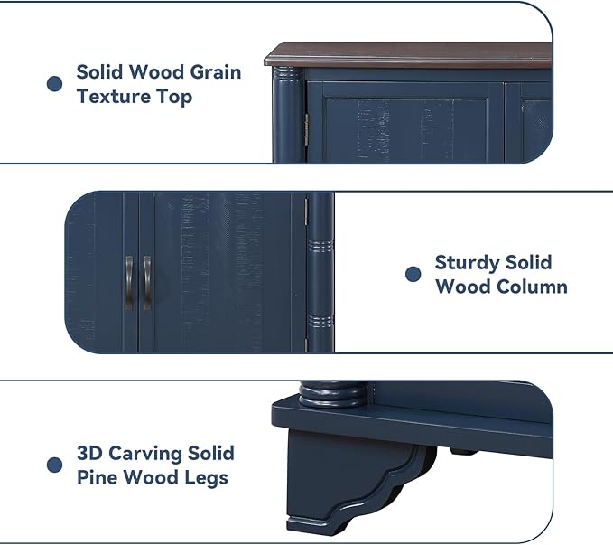 40" Solid Wood Buffet Storage Cabinet,Vintage Console Table with Adjustable Shelf,Retro Sofa Table with Solid Pine Wood Legs for Living Room,Entryway,Blue