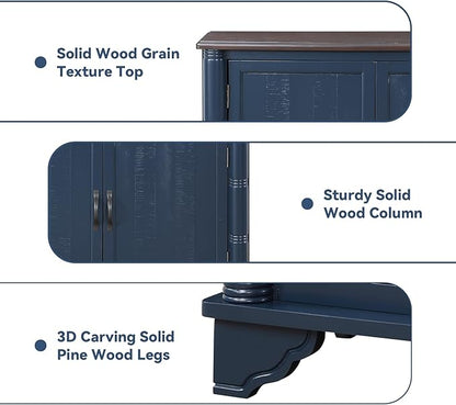 40" Solid Wood Buffet Storage Cabinet,Vintage Console Table with Adjustable Shelf,Retro Sofa Table with Solid Pine Wood Legs for Living Room,Entryway,Blue