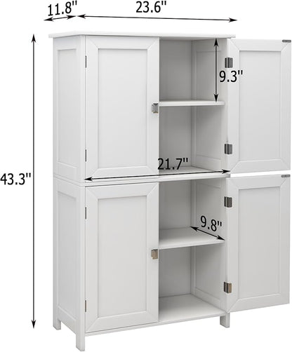 TaoHFE 2 Tier White Bathroom Storage Cabinet,Wood Bathroom Cabinets Freestanding with 4 Door Organizers Storages with Adjustable Shelves, Storage Cabinet for Living Room,Laundry Room,White