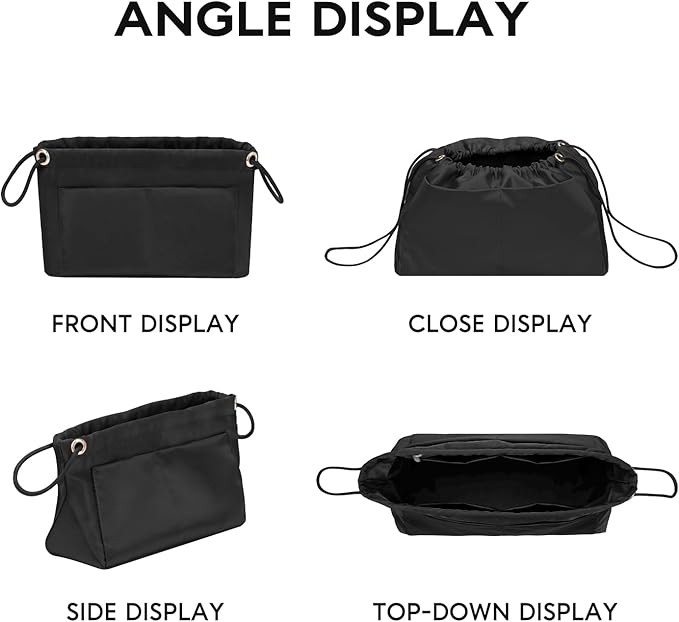 GIVLEFLY Purse Organizer Insert with Multiple Pockets, Drawstring Satin Tote Bag Organizer, Light Weight Purse Liner with Zipper Pocket Fit for Longchamp Large,Neverful and More (Black,Extra Large)