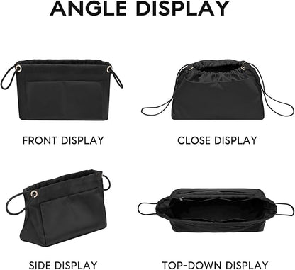GIVLEFLY Purse Organizer Insert with Multiple Pockets, Drawstring Satin Tote Bag Organizer, Light Weight Purse Liner with Zipper Pocket Fit for Longchamp Large,Neverful and More (Black,Extra Large)