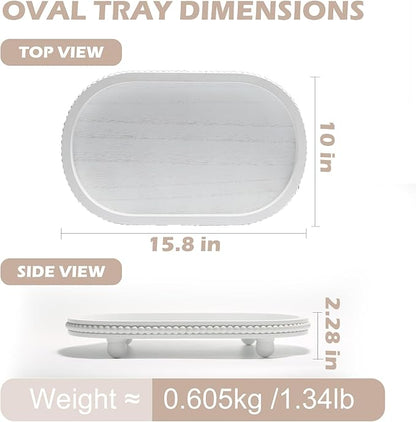 SYNCVIBE Wooden Decorative Tray for Home Decor, Beaded White Oval Tray Decor for Coffee Table, Rustic Wood Serving Trays Farmhouse Centerpieces for Living Room Kitchen Counter (White Oval)
