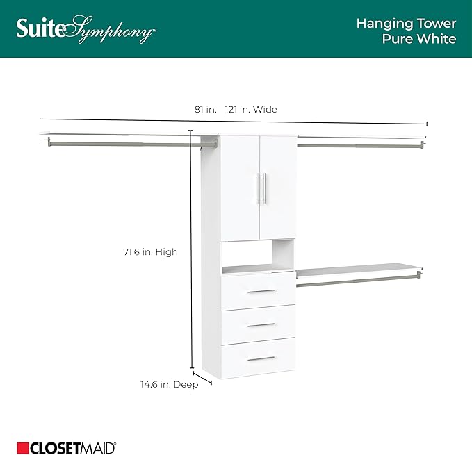 ClosetMaid SuiteSymphony Modern Hanging Closet Kit Includes (1) Tower, (3) Closet Rods, (4) Shelves, (3) Top Shelves w/Brackets, (3) Drawers, and (1) Closet Door Set, White