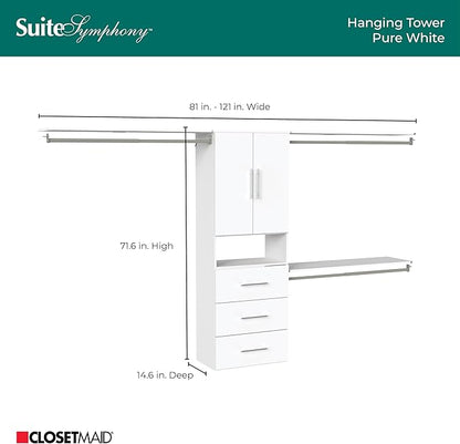 ClosetMaid SuiteSymphony Modern Hanging Closet Kit Includes (1) Tower, (3) Closet Rods, (4) Shelves, (3) Top Shelves w/Brackets, (3) Drawers, and (1) Closet Door Set, White